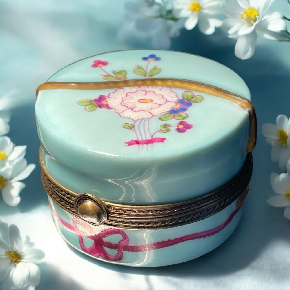 Authentic Hat Box Shaped Limoges Trinket Box, Engagement Ring Box, Pillbox Aqua